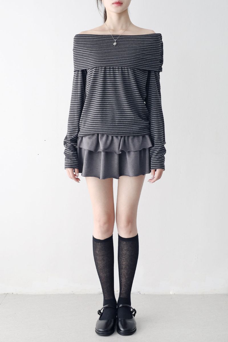 Chive Stripe Off-Shoulder T-Shirt