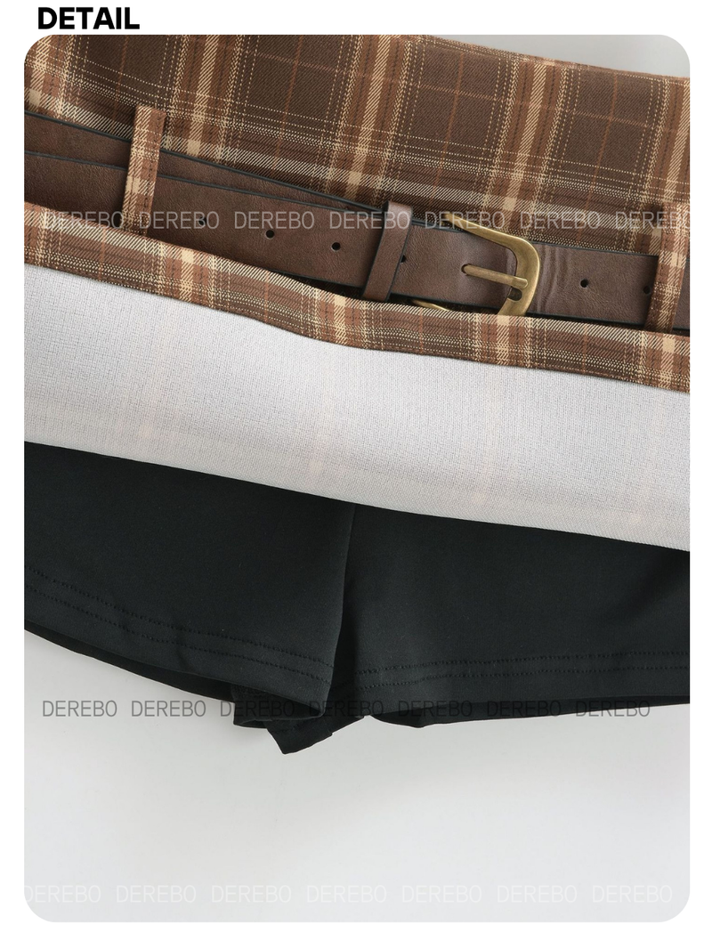 Preppy Belt Checkered Mini Pants Skirt