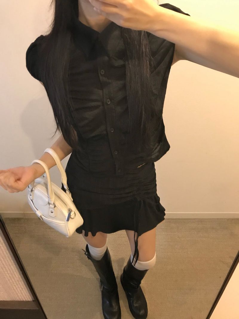 City Class Sheer Shirring HAlf Shirt& Skirt SET 