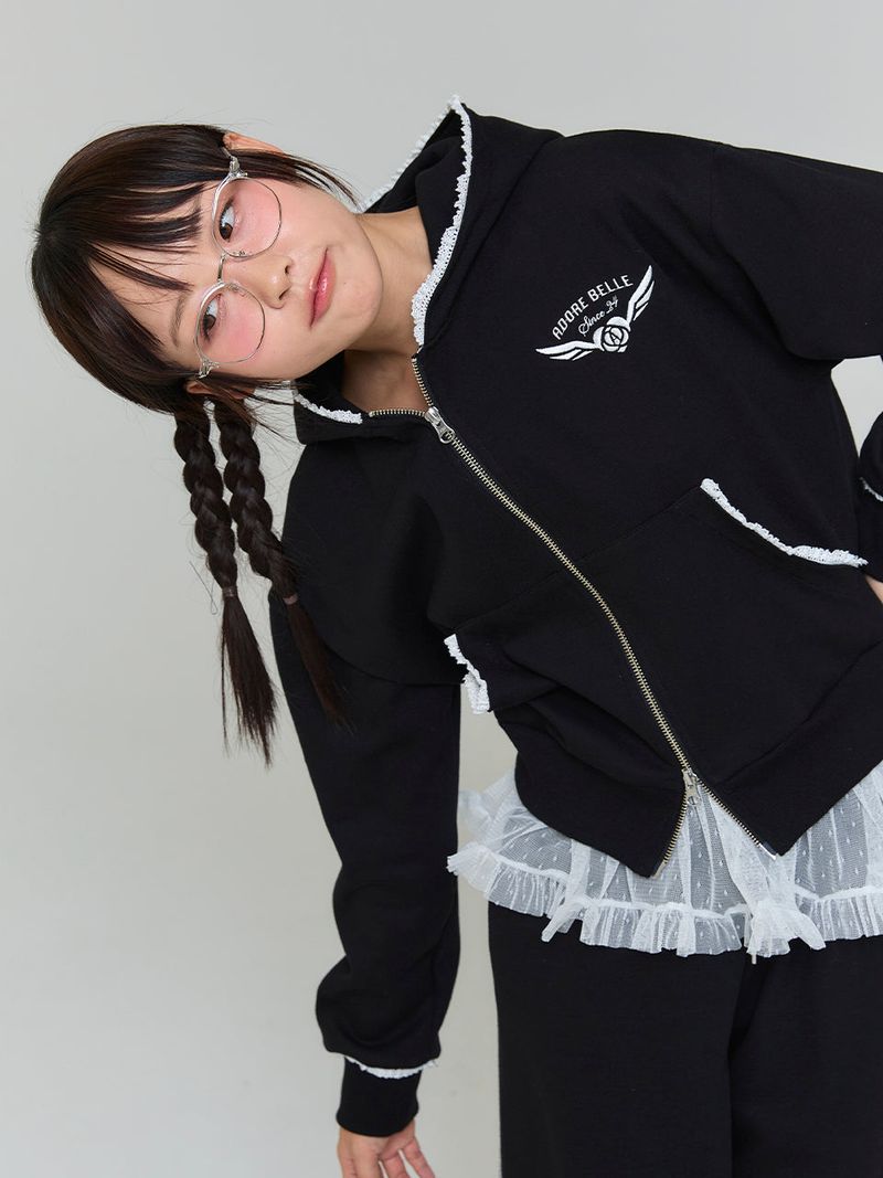 LACE APPLIQUE HOOD ZIP-UP - BLACK
