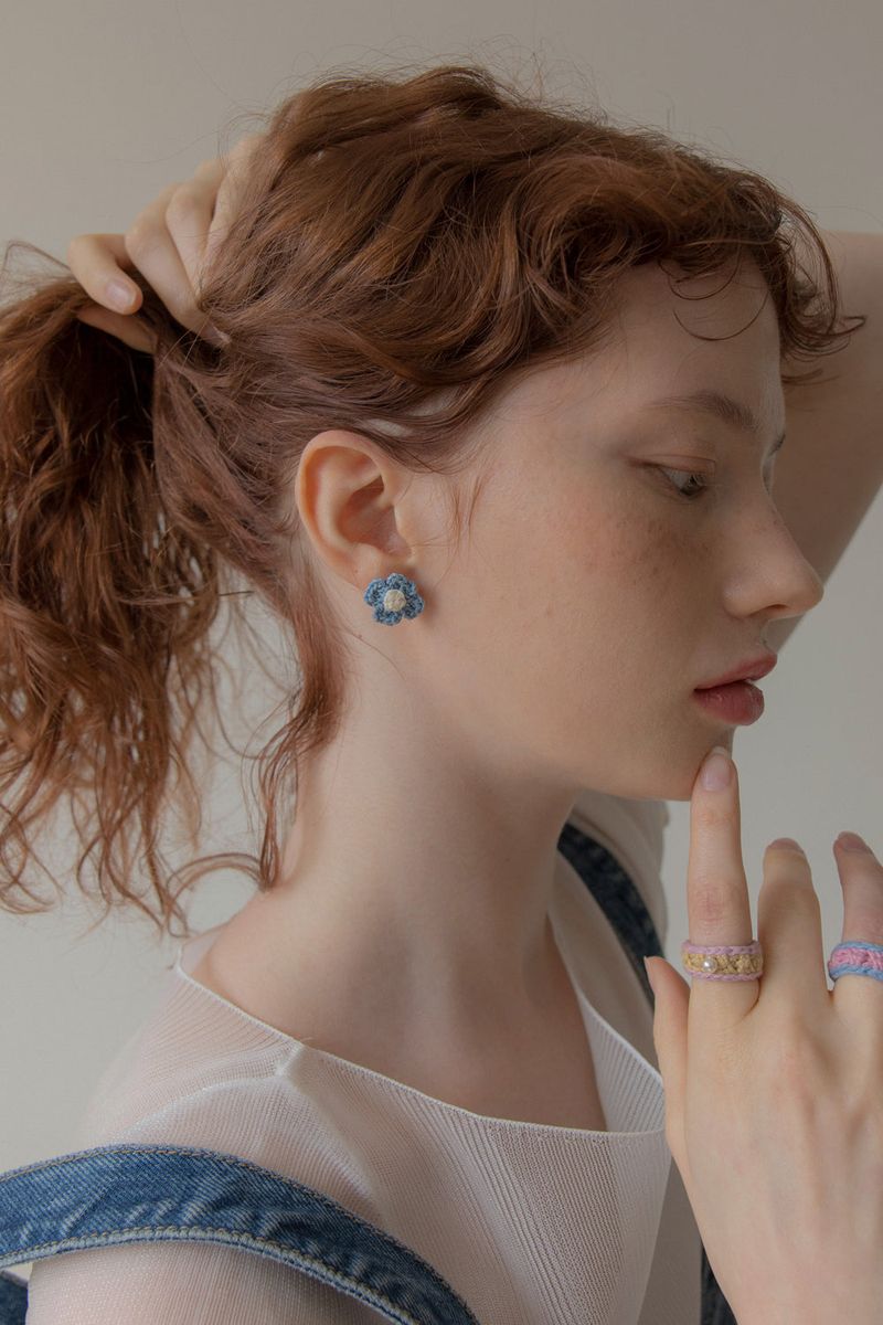 Vintage knit flower earring (Denim)