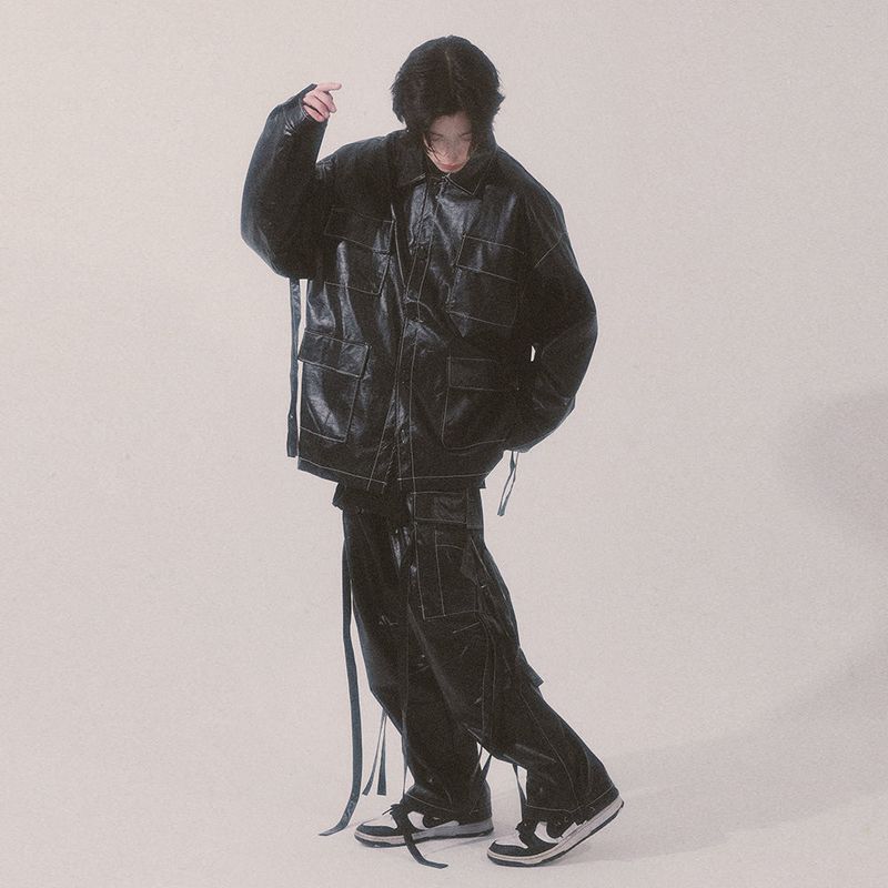 glossy strap shirt_black