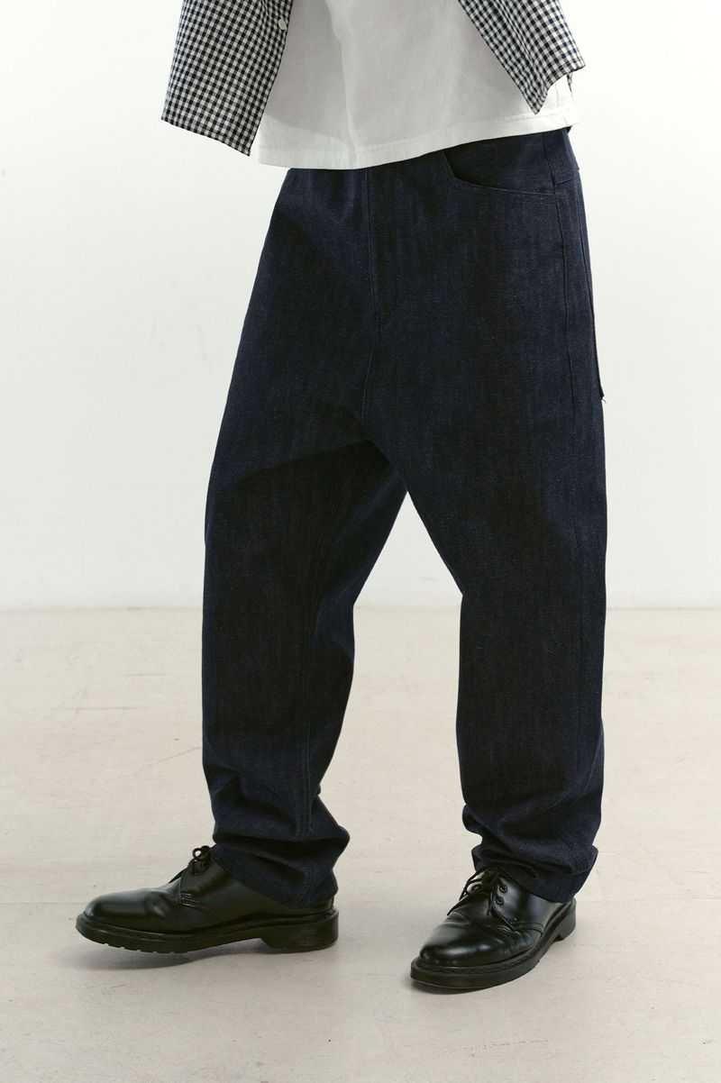 Natural High Waist Baggy Fit Selvedge Denim Pants(Navy)