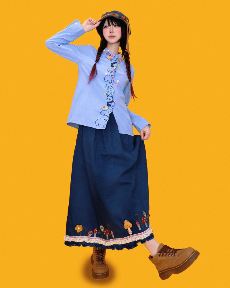 mushroom denim long skirt (2color)