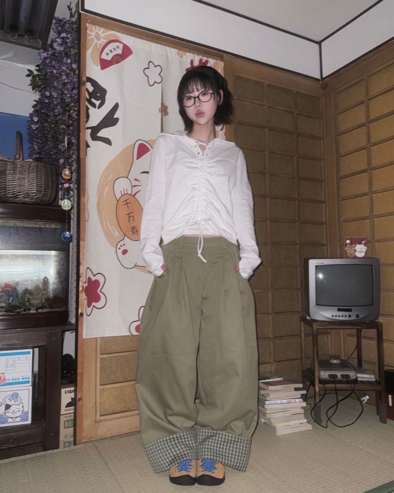 (3color) Check Roll-Up Wide Pintuck Pants