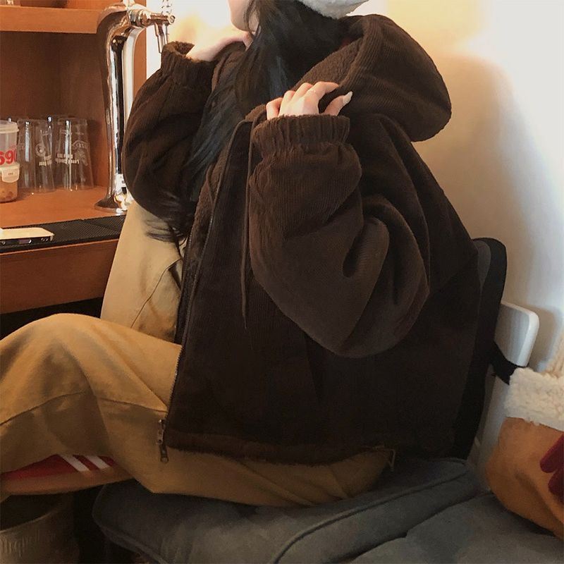 [BELLIDE MADE] Boa fleece + corduroy reversible zip-up hoodie