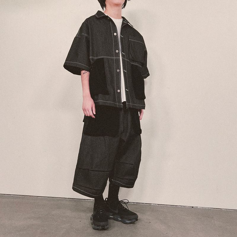 reverse terry pocket denim shortsleeve shirt_black