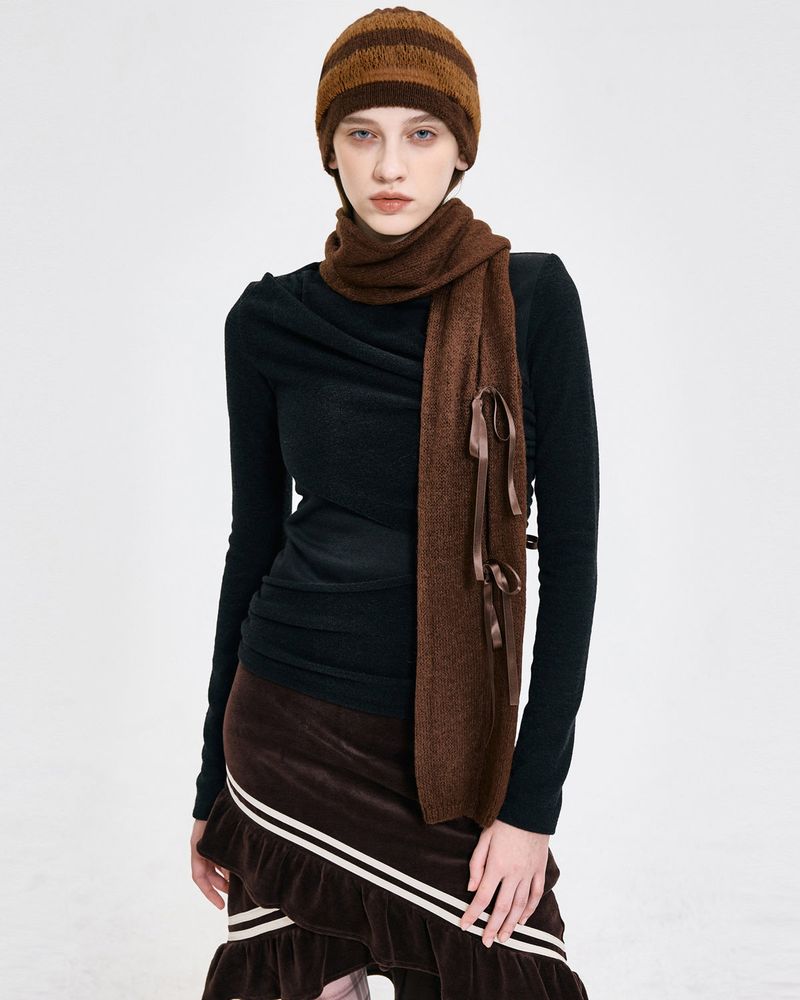  Ribbon Tied Beanie _ BROWN