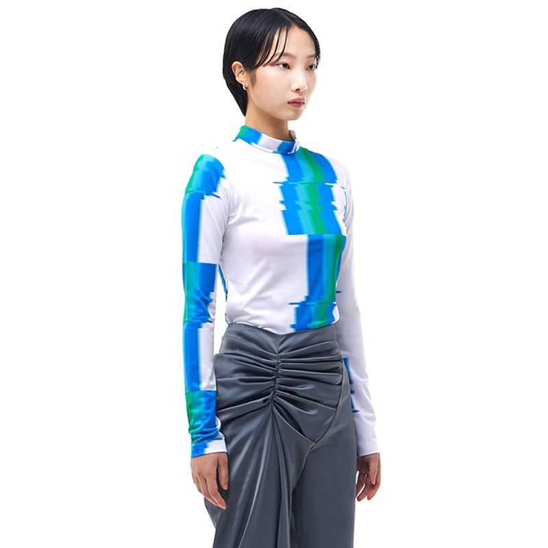 Glitch Print Mock Neck T-Shirt_Blue