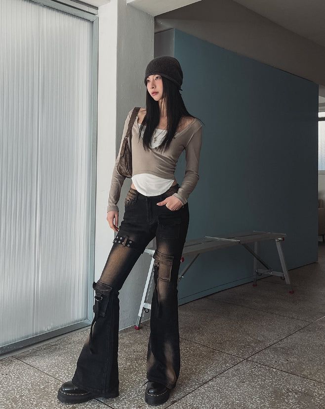 Boldy Eyelet Belted Bootcut Denim Pants