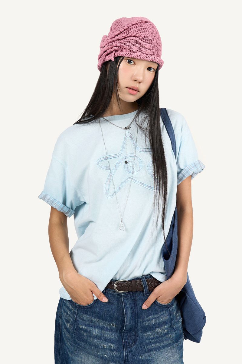 Raucohouse(ラウコハウス)の「Check Star Applique T-shirt(Tops)」