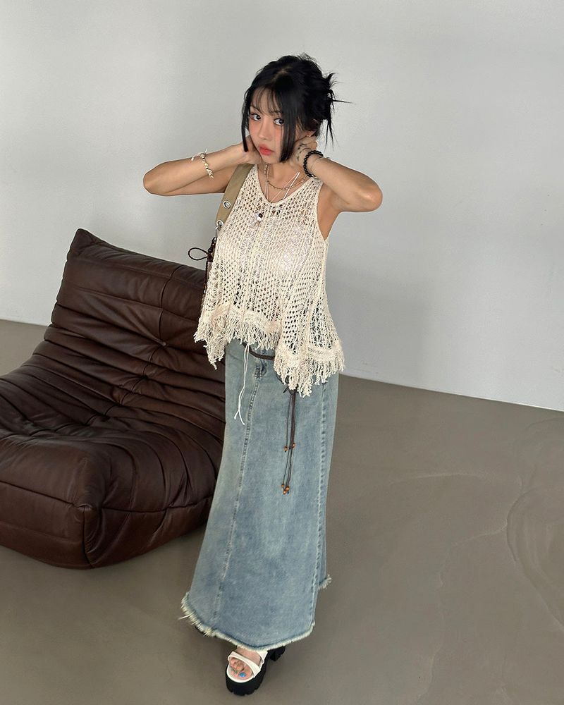 Delight-J（ディライトジェイ）の「Crochet Fringed Knit Sleeveless（Tops）」
