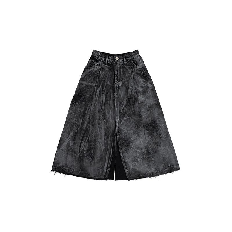 Damage Crack Washed Denim Skirt