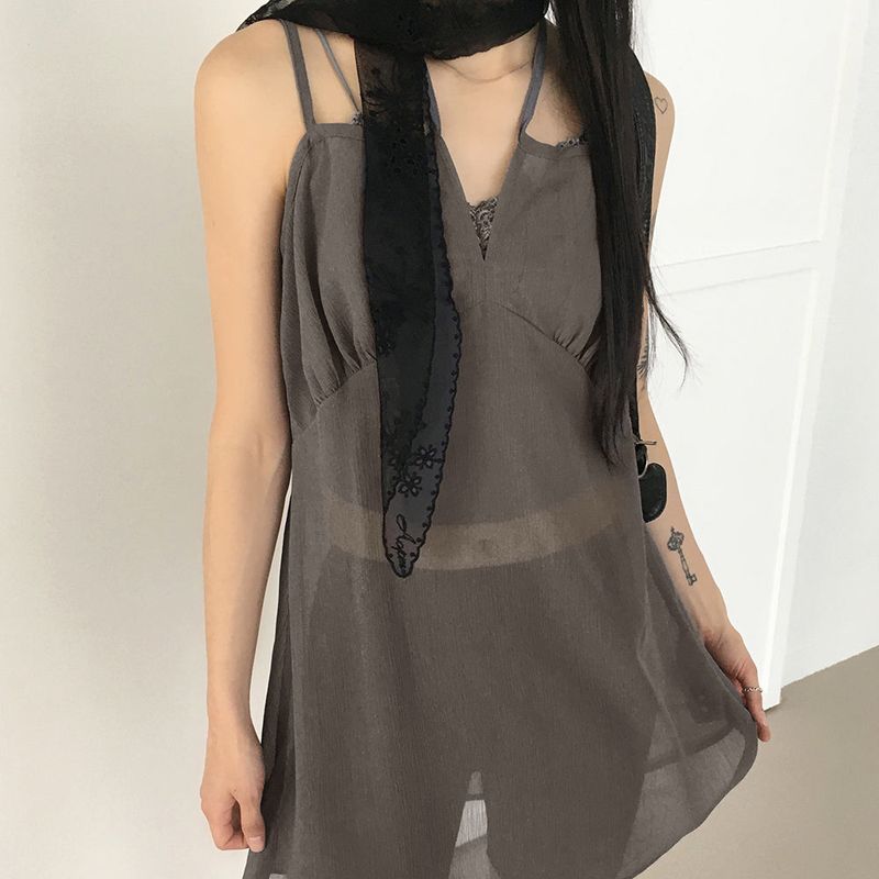 Haple see-through slit ribbon strap layered tank top mini dress