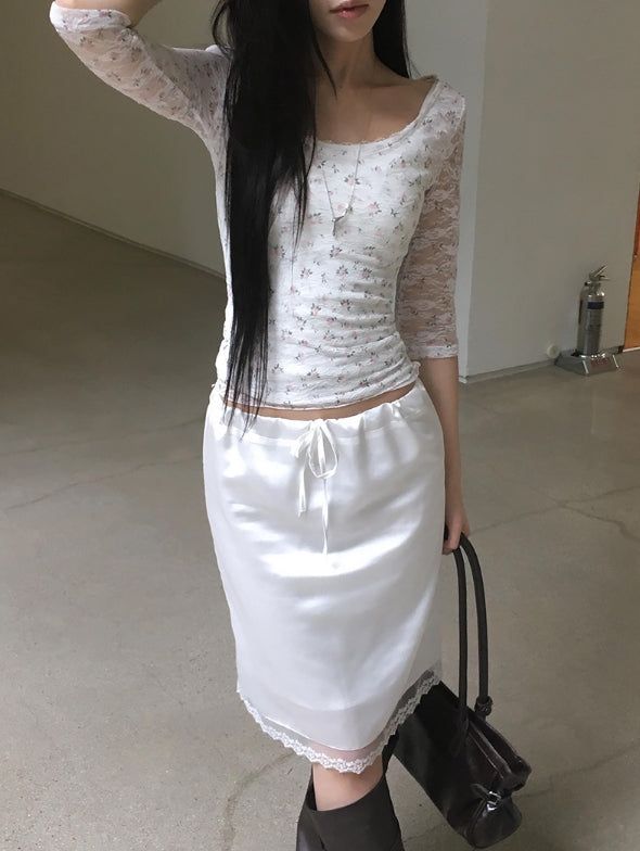 Oin Satin Lace Midi Skirt