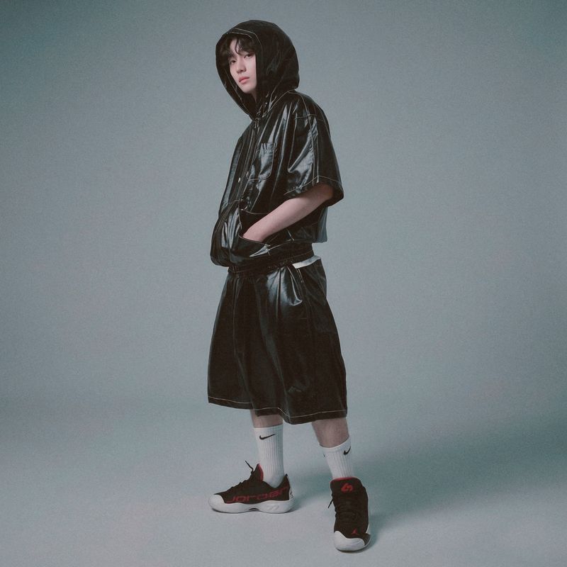 glossy faux leather hood zip-up hoodie_black