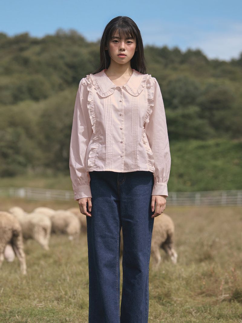 Frill Collar Ruffle-Tuck Blouse (2colors)