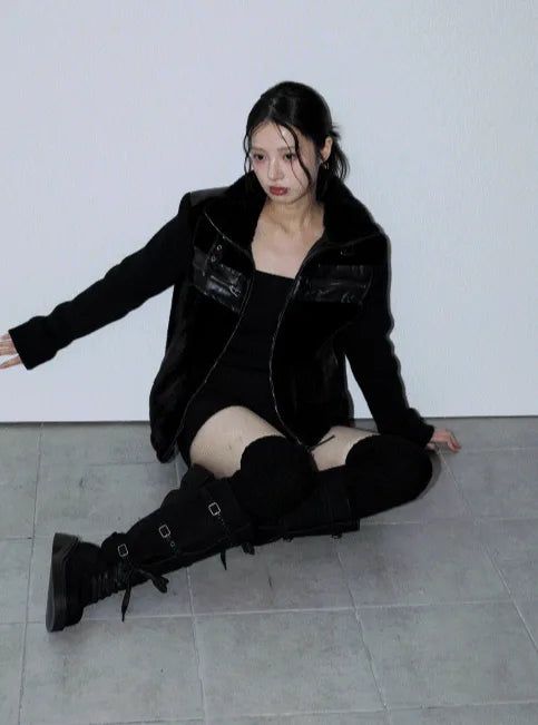 Fur-Trimmed Shearling + Deep Black Knit