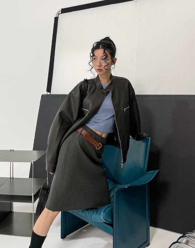 [Belt set] Belted knit midi skirt