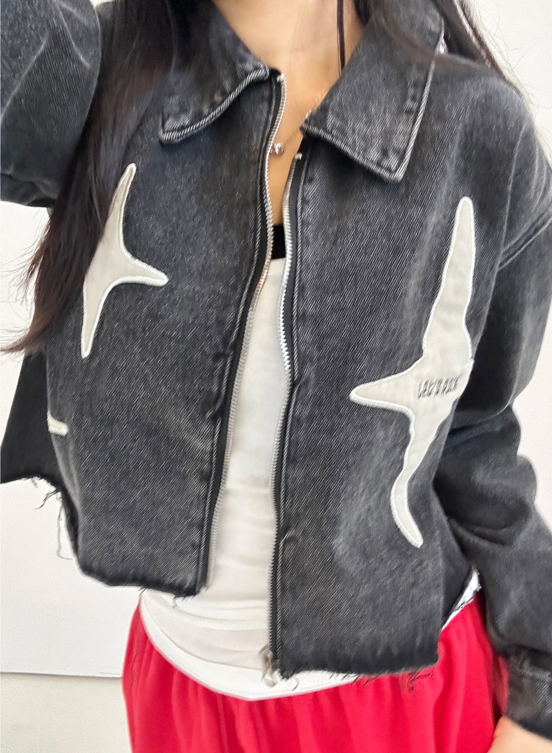 BACK STAR POINT + DAMAGED DARK BLUE DENIM JACKET🖤
