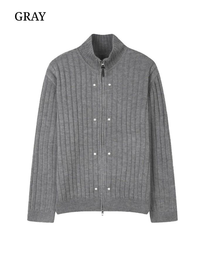(UNISEX) Rivet Ribbed Knit Zip-Up