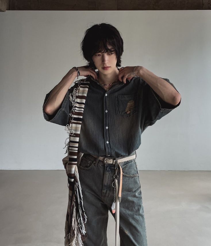 Summer shea damage washed denim half shirt