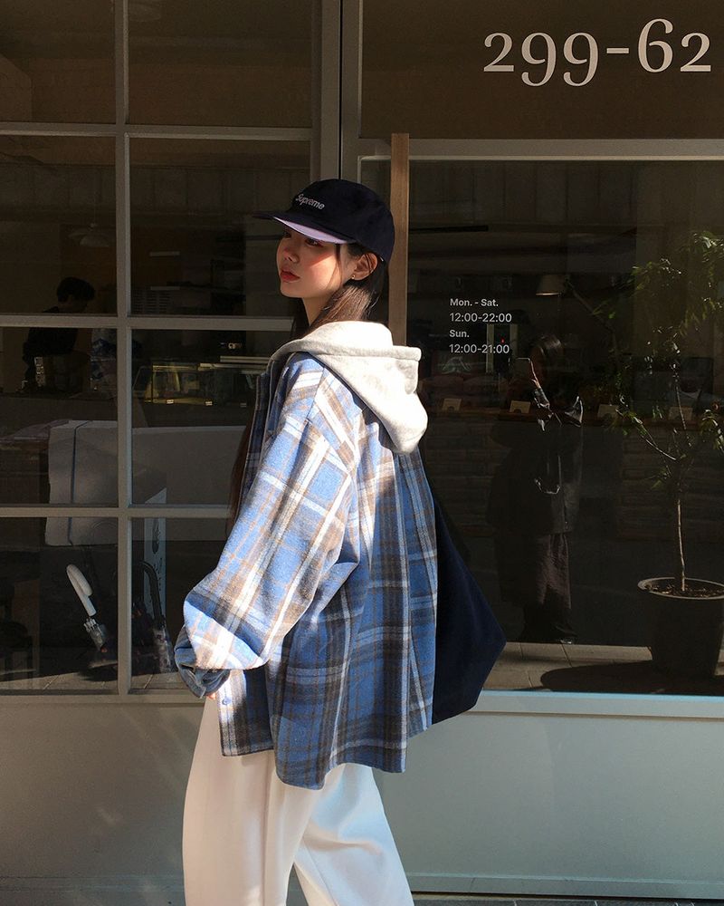 [ORIGINAL] Plain Hooded Check Shirt