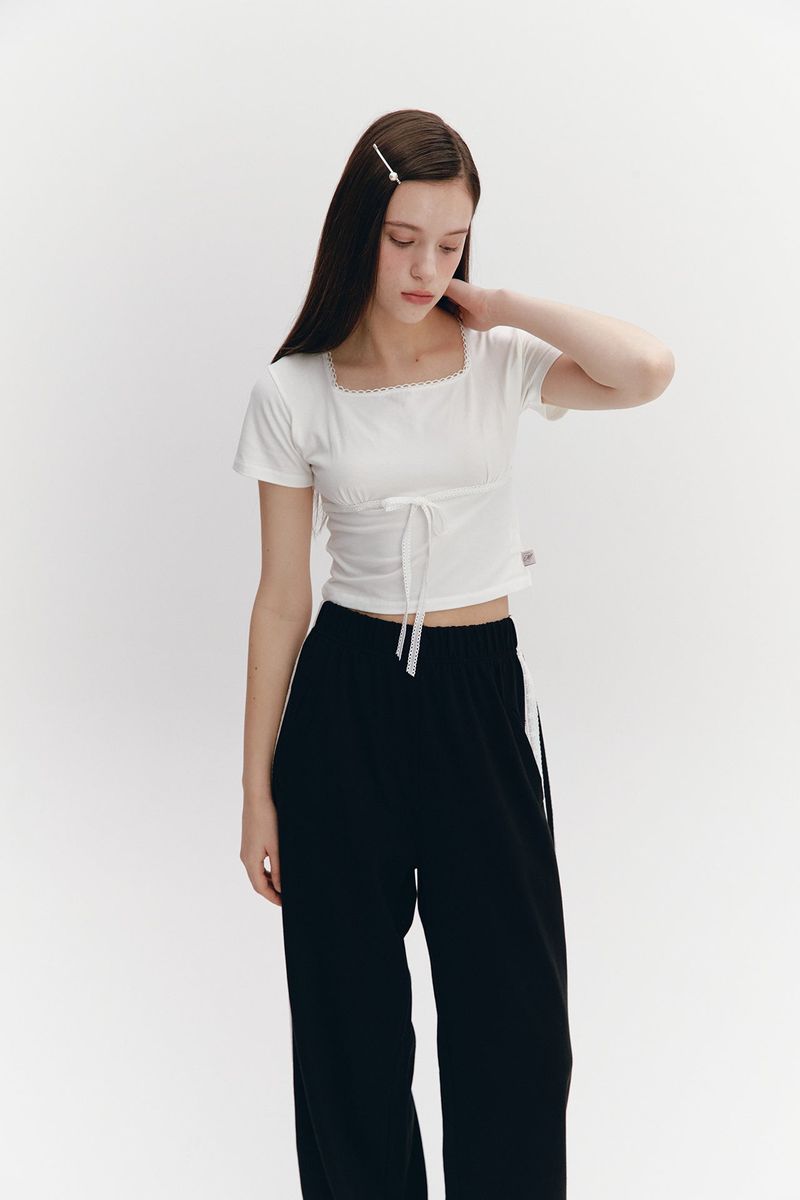 Lace Ribbon Shirring Top Ivory