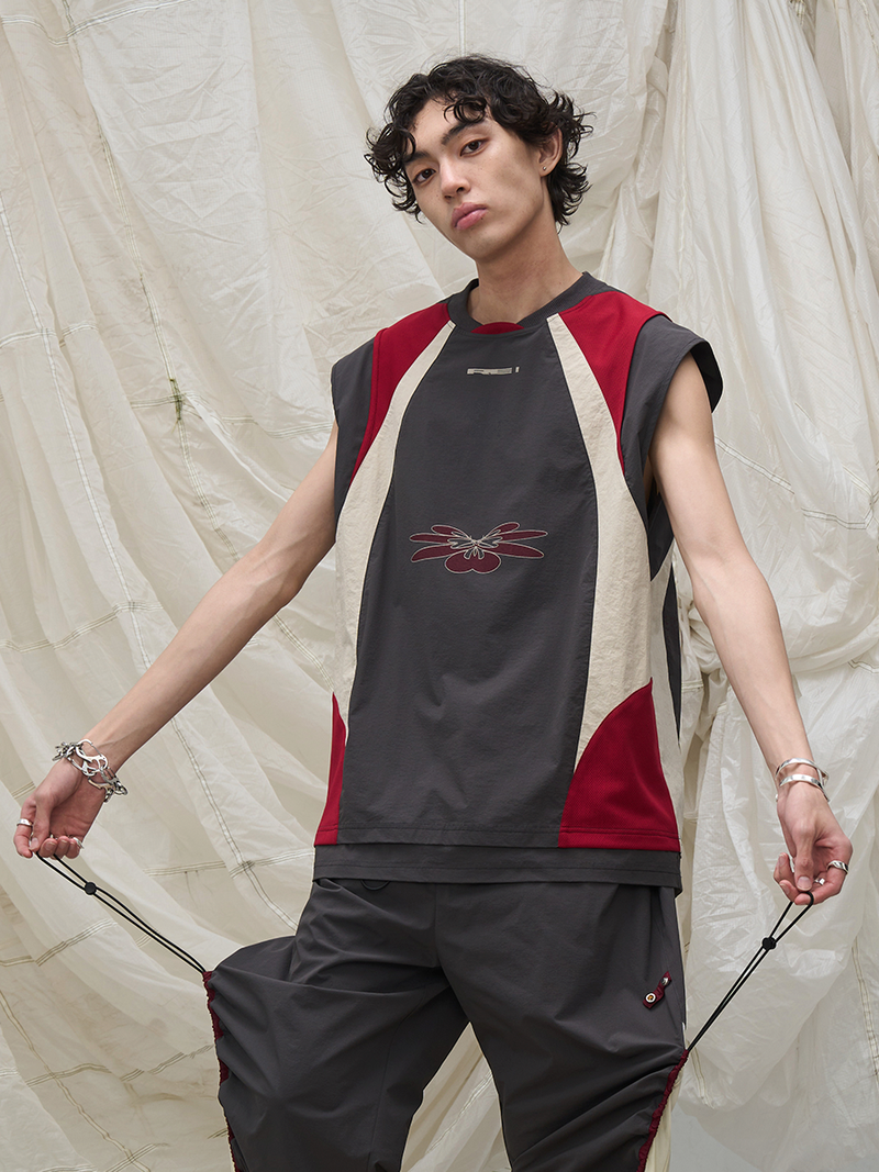  RELABEL Time Element (Overlay & Spread) Double Layered Mesh Patchwork Nylon Colour Block Sports Tank Top