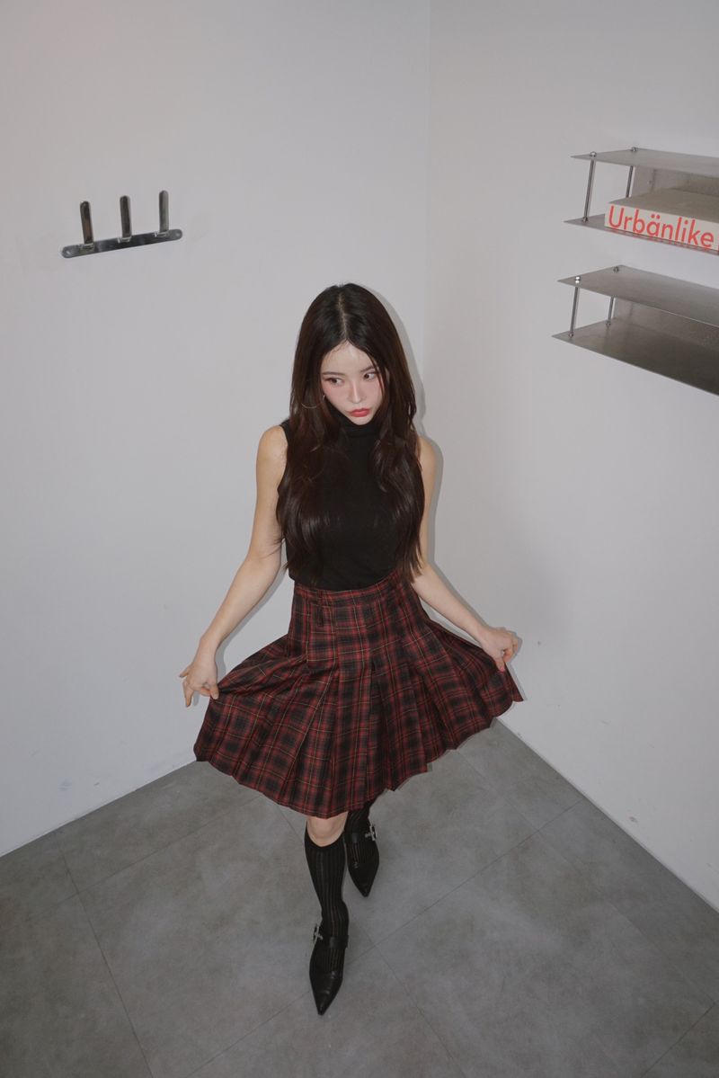 Red Preppy Checkered Midi Pleats Skirt