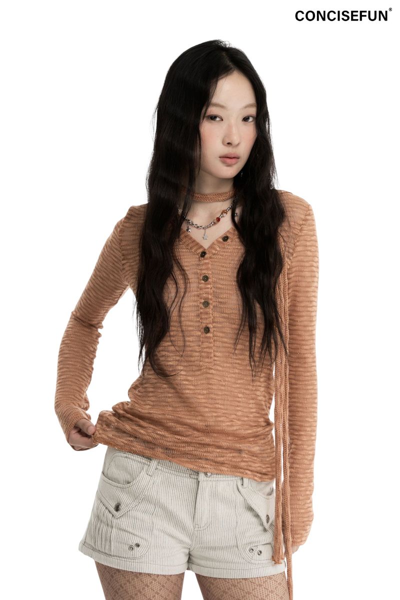 CONFUN（コンファン）の「CONFUN Silver Striped Micro Transparent Flowing Long Sleeve Polo Shirt（Tops）」