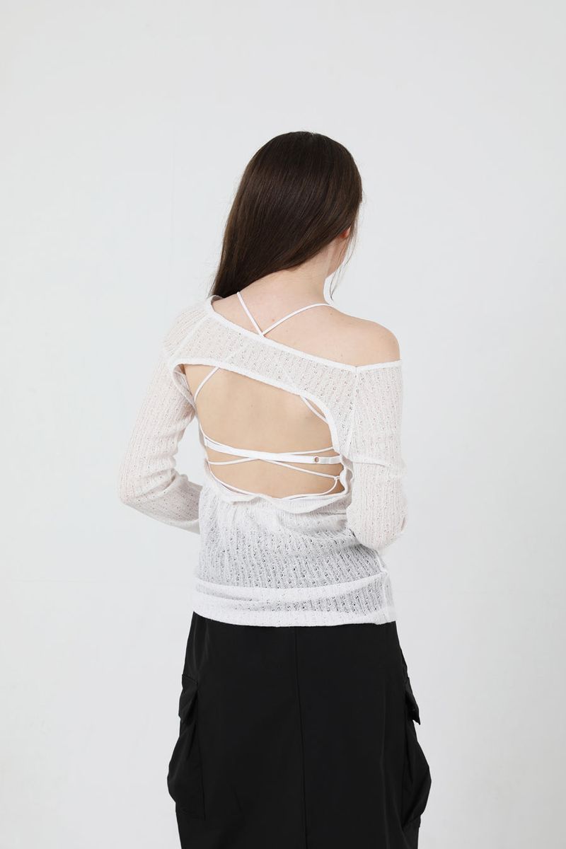 See-Throught Back Slit Long Sleeve Knit White