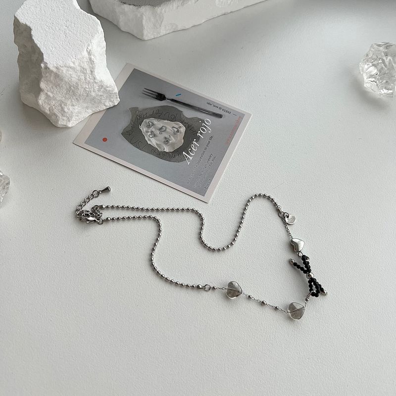 bru Ballet Core Stainless Steel Titanium Ribbon Black Beads Heart Short Layered Necklace
