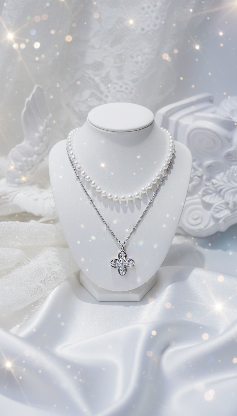 [NMIXX ジウ Necklace] ルナ ブロッサム レイヤード ネックレス - Silver color
