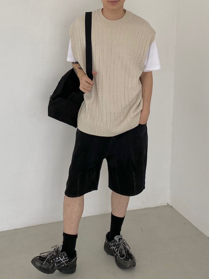Punching knit round vest 2C
