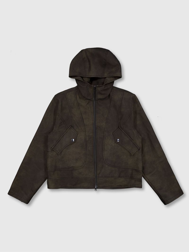 Curved Hood Leather Jacket (Khaki Black)