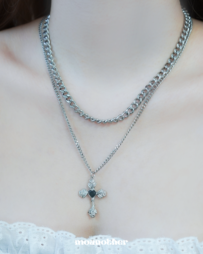 [S.Steel] Rose Cross Layered Necklcae
