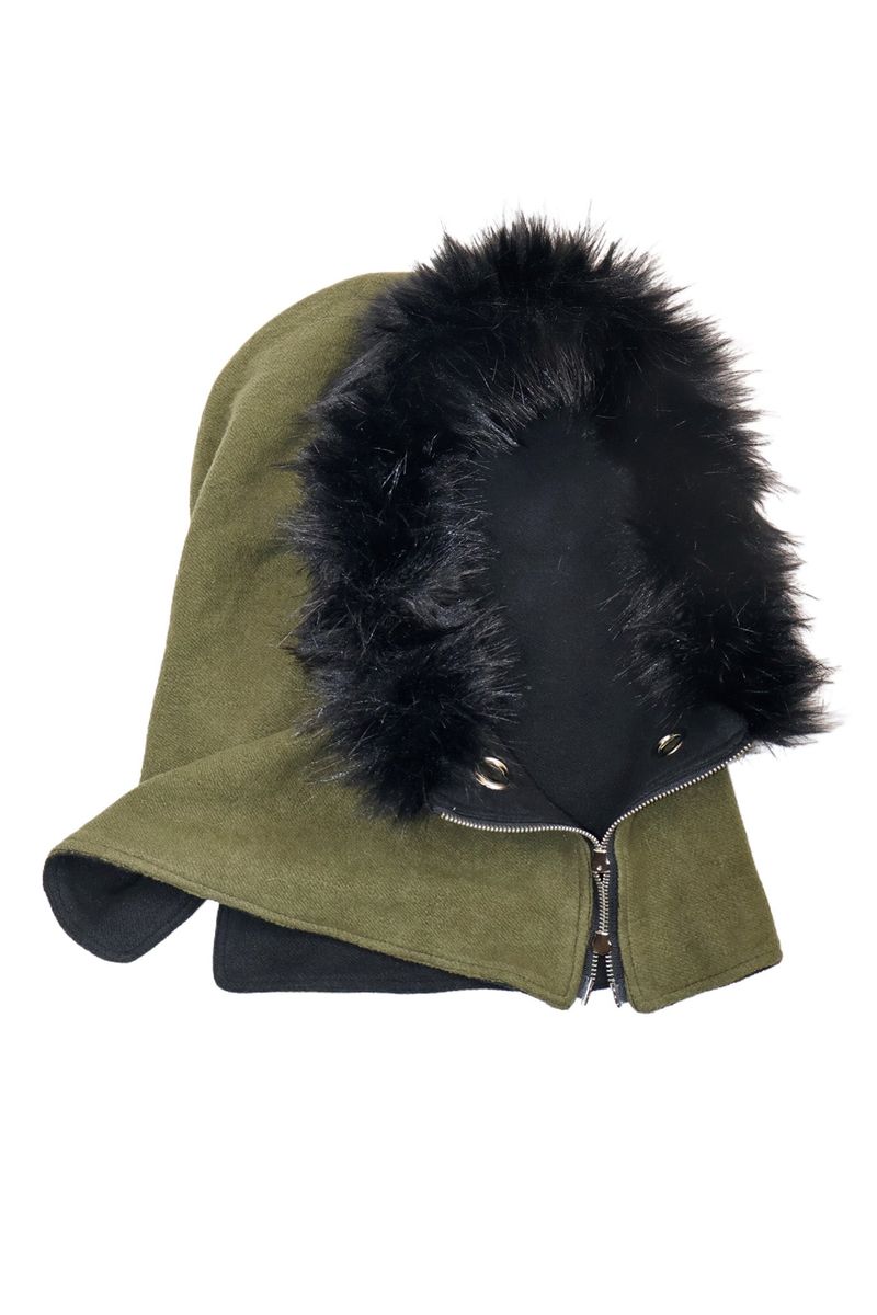 FUR HOODED WARMER - KHAKI BLACK
