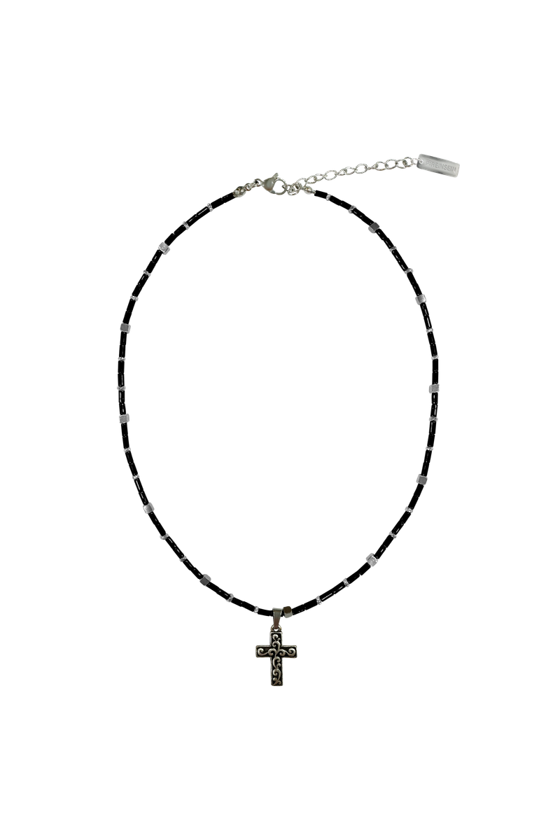 Black silver natural stone cross necklace