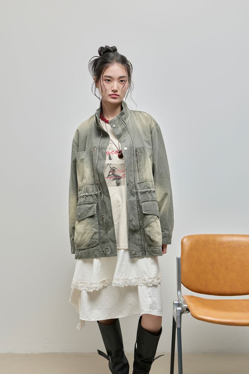 Washed High-Neck Field Jacket_Khaki