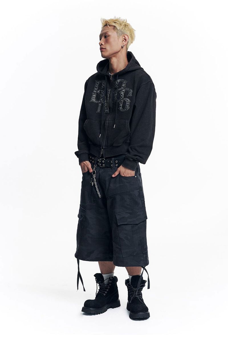 Washed Leather Patch Hooded Zip-Up - Black