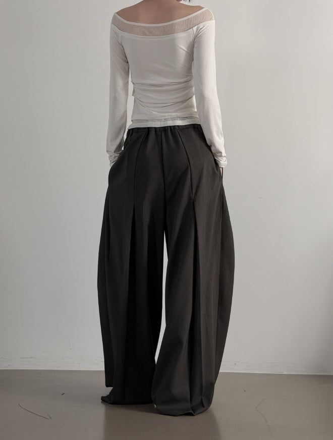 Ribbed Color Matching Layered Pintuck Boat Neck Tee