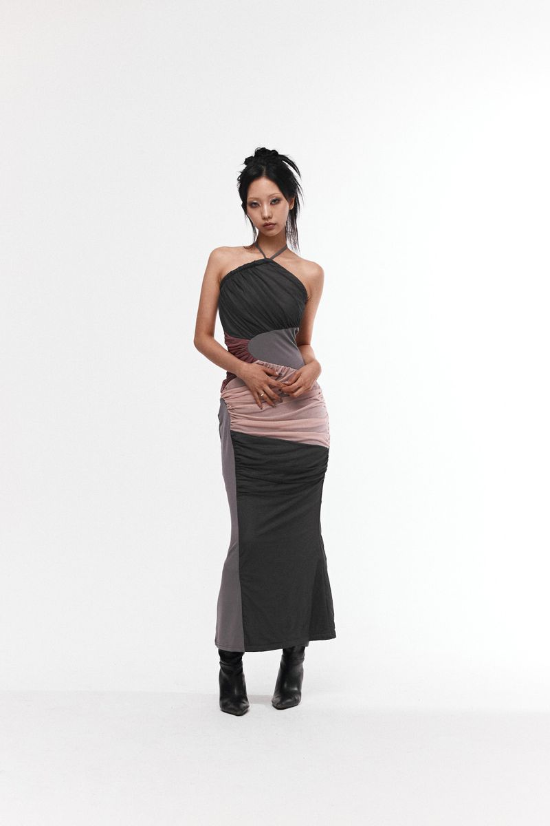 SHIRRING HALTERNECK DRESS #GRAY