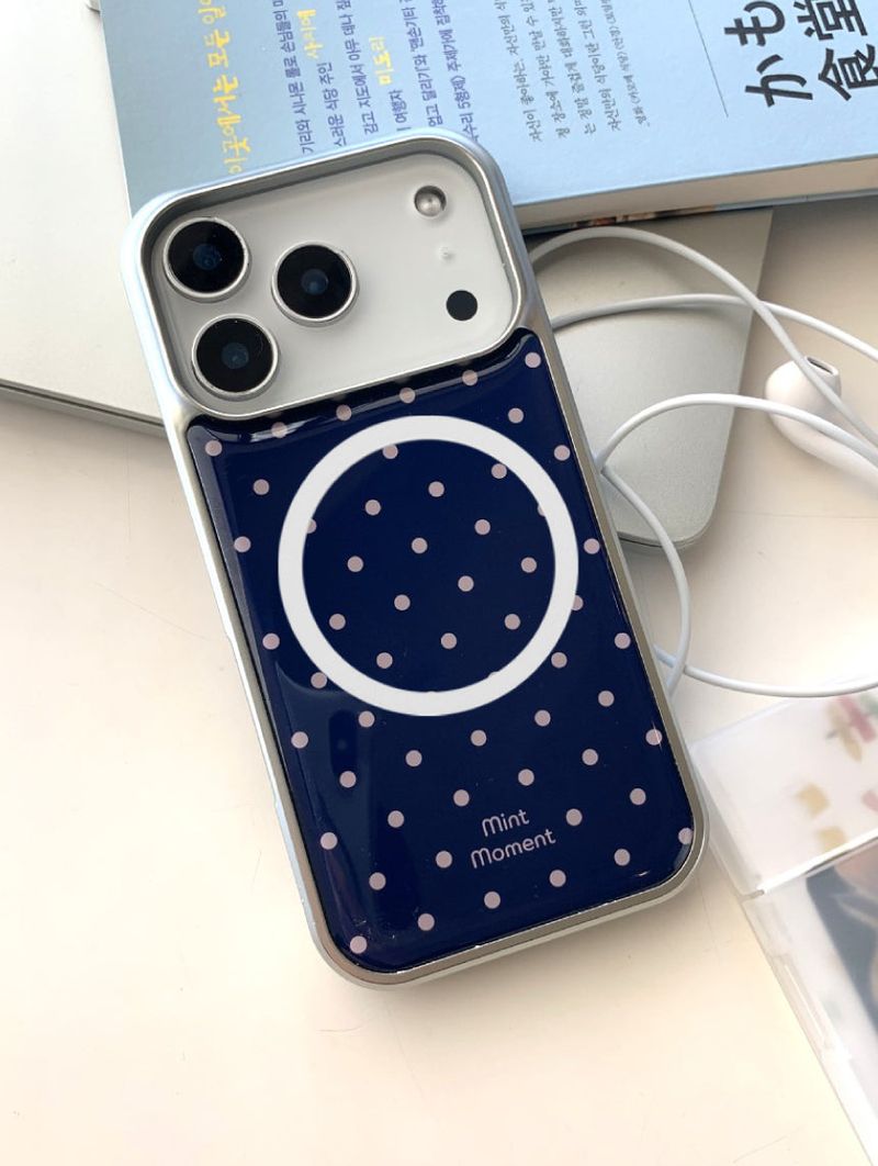  [MADE]ネイビーピンクドット エポキシ シルバー MagSafe iPhoneケース