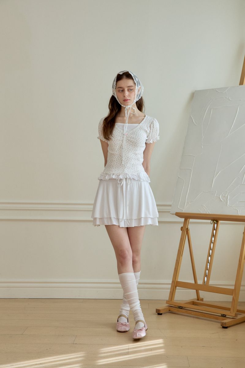 FLOWER SHIRRING PUFF T-SHIRT