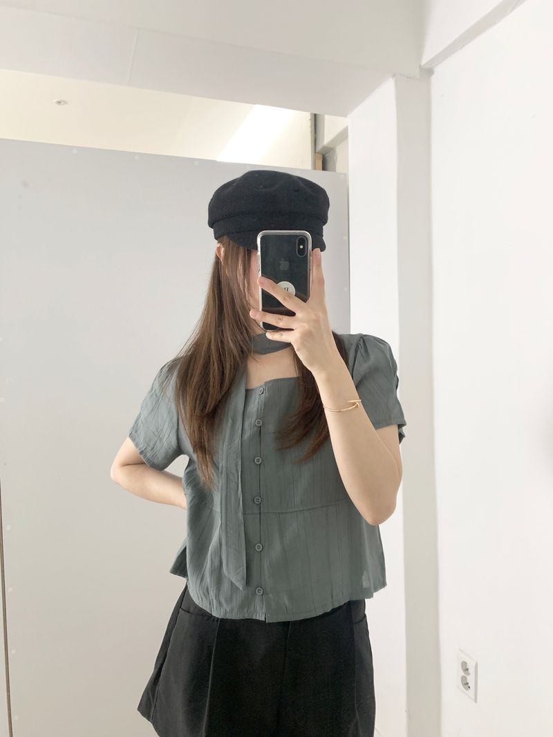 Blian Puff Short Sleeve Blouse Scarf Tie Set