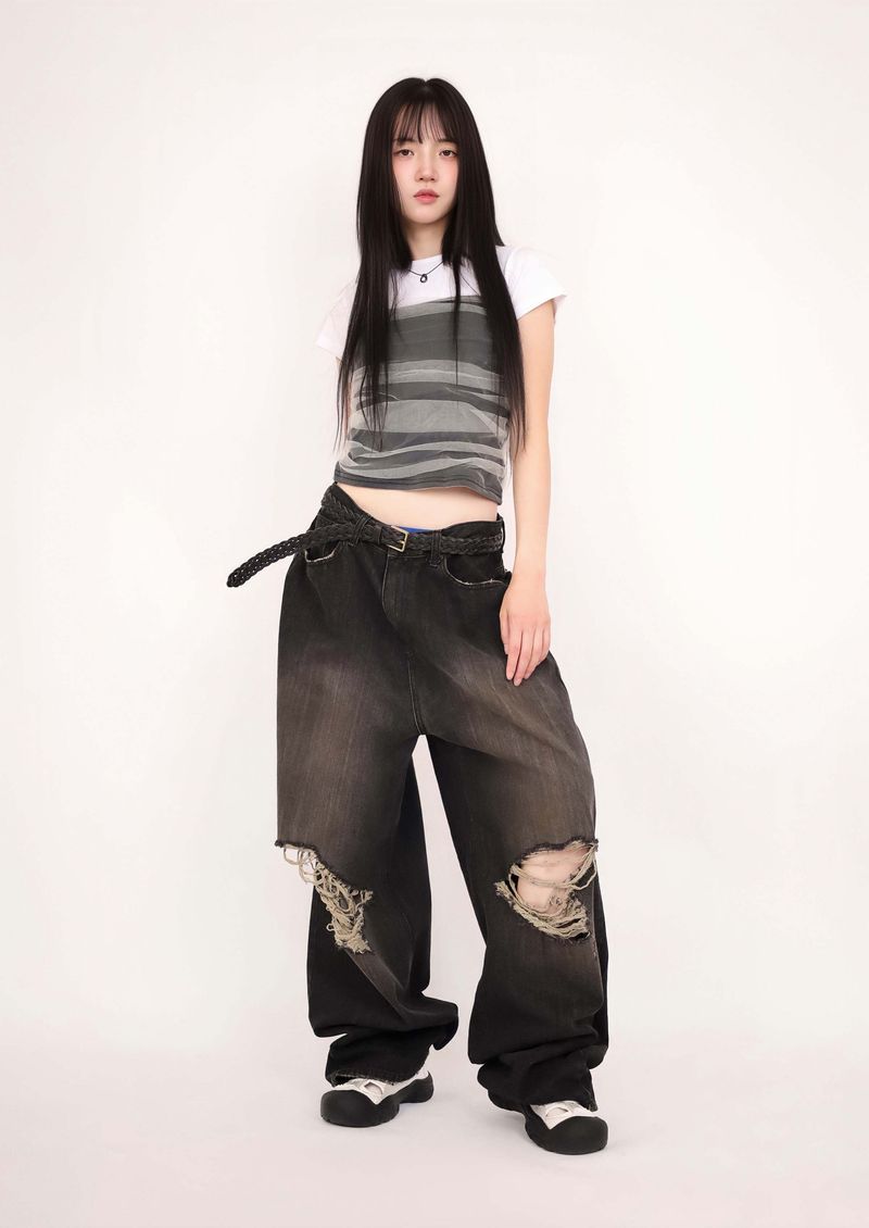 (UNISEX)Torn Twilight black Denim