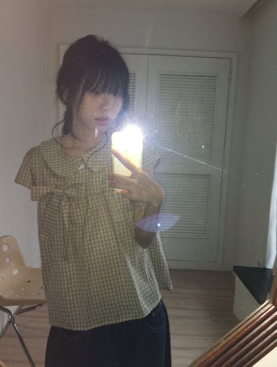 Meva Check Ribbon Short Sleeve Blouse