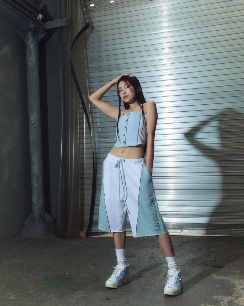 denim combi half pt - white