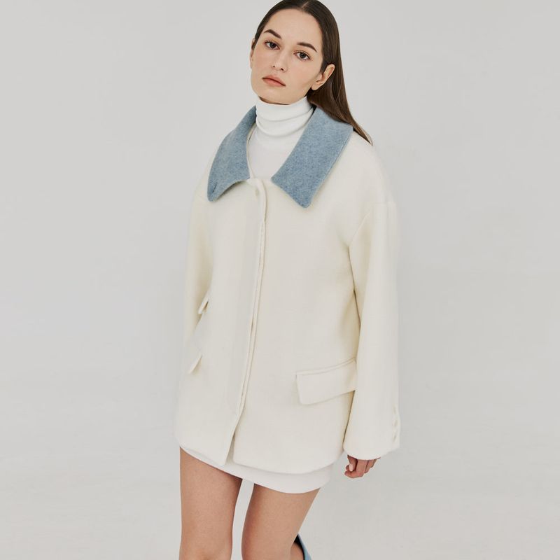 HERRINGBONE HIGH-NECK HALF COAT (IVORY)